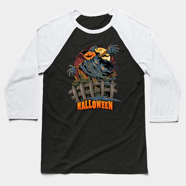 Halloween pumpkin-headed scarecrow Baseball T-Shirt by sharukhdesign